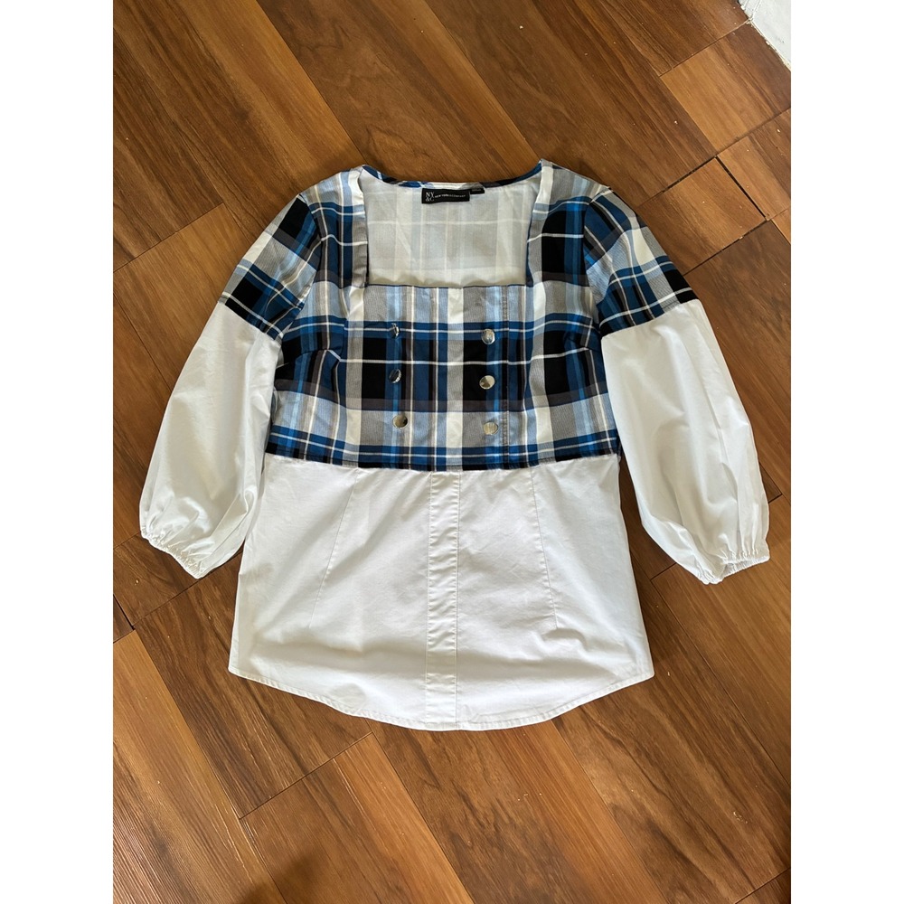 NY&C Blue Plaid Mixed Media Square Neck Blouse White Puff Sleeve Top M